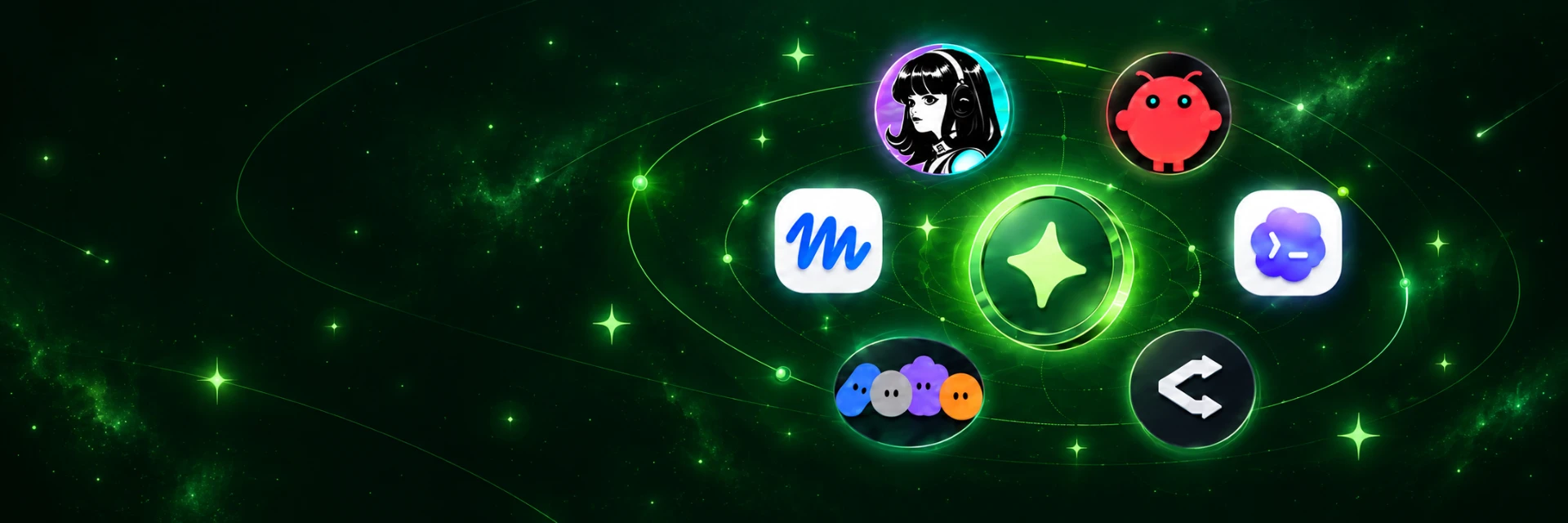 AI agents orbiting a luminous network core
